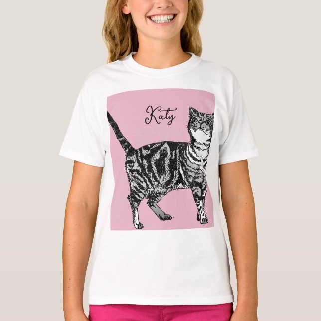 Cat Tabby Pastel Cats Girls Rose Pink Pets T Shirt (Framsida)