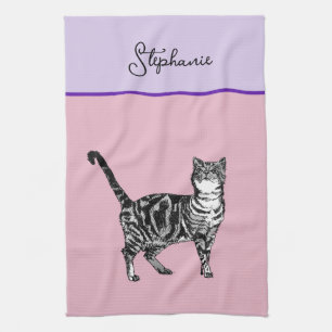 Cat Tabby Pastel Cats Womens Ljus rosa Lavander Kökshandduk