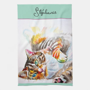 Cat Tabby Pastel Cats Womens Mint Grönt Aqua Pets Kökshandduk