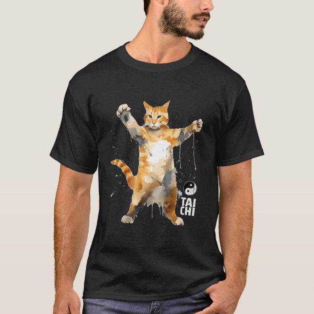 Cat Tai Chi Pose Mial Ying Yang Balance T Shirt (Framsida)