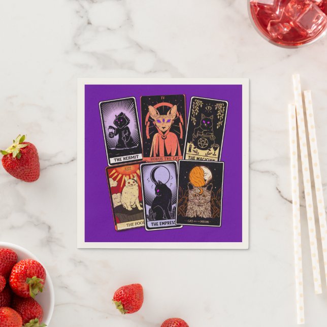 Cat Tarot Cards - Halloween Empress. Hermit, Fool Pappersservett (Insitu)