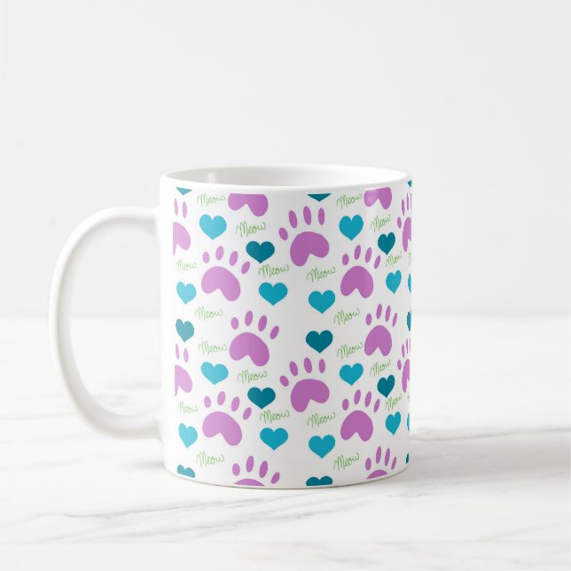 Cat Tass avtryck Hearts Meow Mönster Rosa Teal Grö Kaffemugg (Vänster)