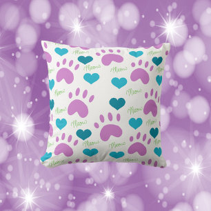 Cat Tassar Hearts Meow Mönster Rosa Teal Grönt Kudde
