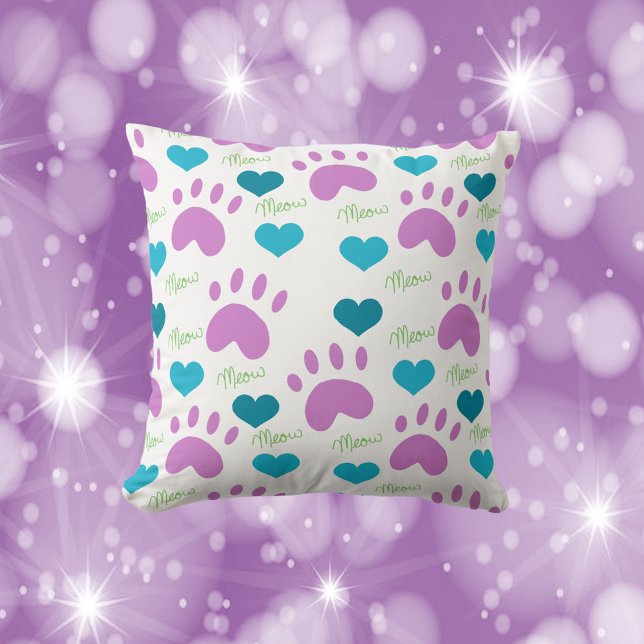 Cat Tassar Hearts Meow Mönster Rosa Teal Grönt Kudde (A cute throw pillow with a pattern of hearts, cat paw prints and the word meow)