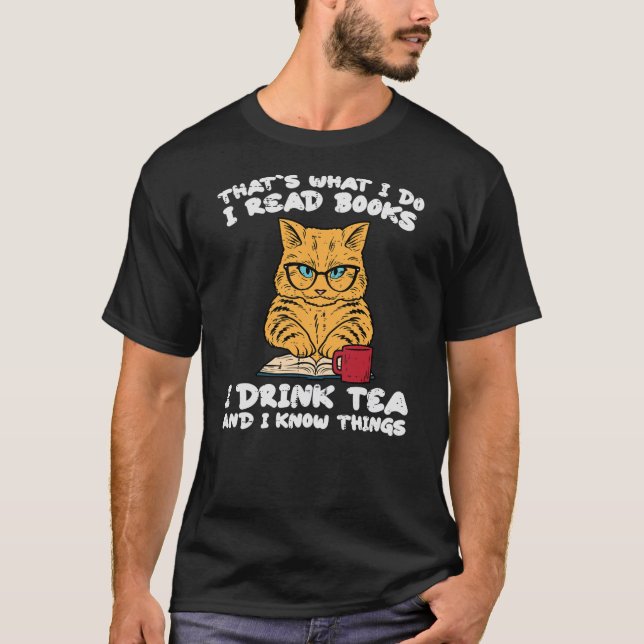 Cat Tea Funny Read Reading Book Librarian Men Wome T Shirt (Framsida)