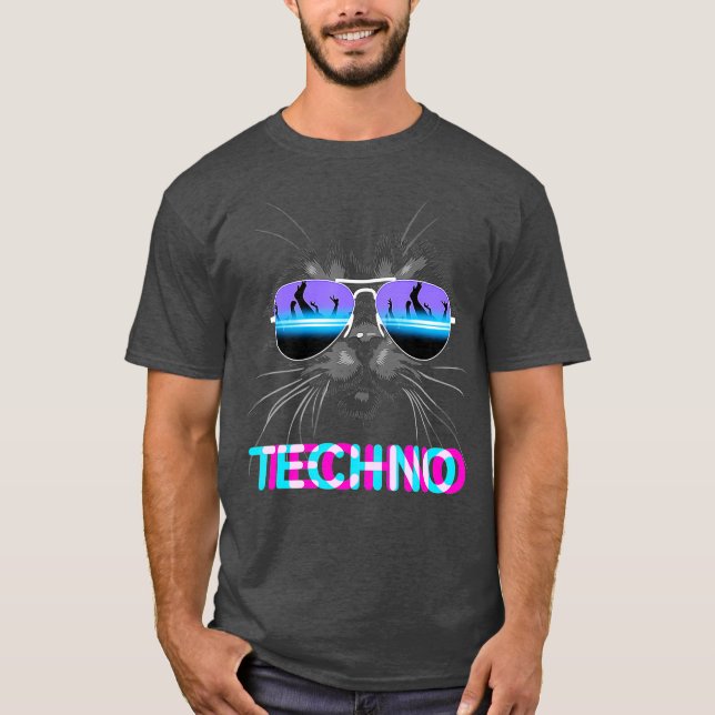 Cat Techno DJ Electro Music T Shirt (Framsida)