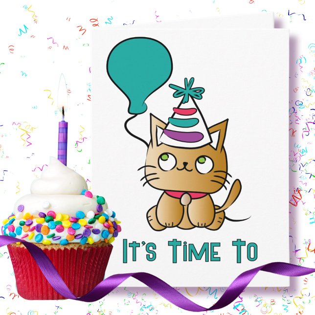 Cat Tecknad Cute Funny Time to Pawty Birthday Kort (Skapare uppladdad)