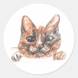 Cat Teckning Classic Round Sticker, Glossy Runt Klistermärke