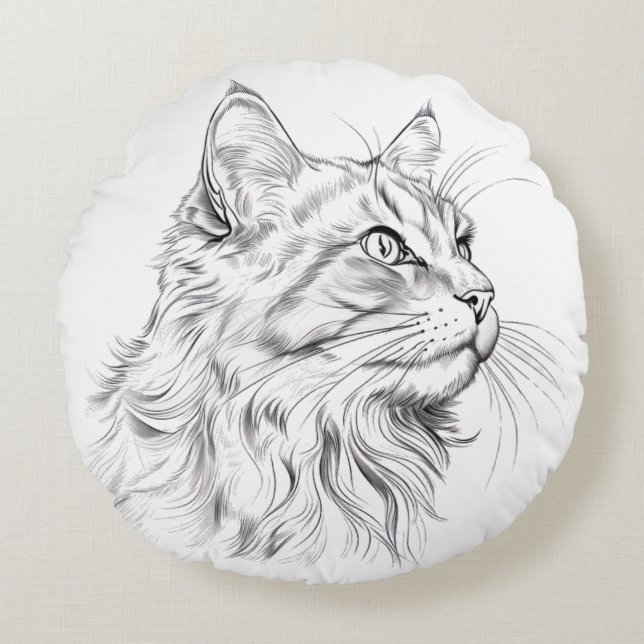 Cat teckning rund kudde (Framsidan)