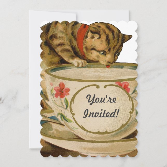 Cat Tekopp Cute Cute Vintage Victorian Inbjudningar (Framsida)