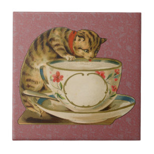 Cat Tekopp Cute Cute Vintage Victorian Kakelplatta