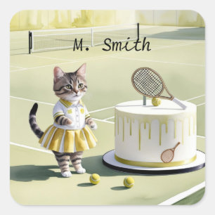 Cat Tennis Player vid domstolen med Birthday Cake Fyrkantigt Klistermärke