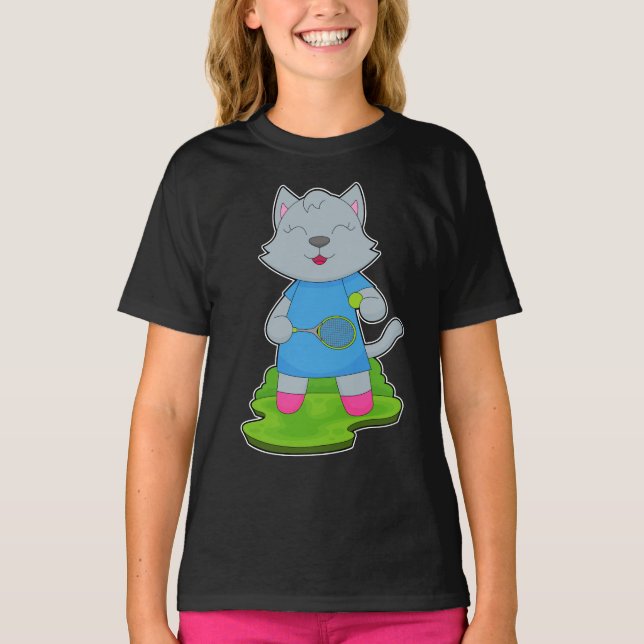 Cat Tennis Tennis racket T Shirt (Framsida)