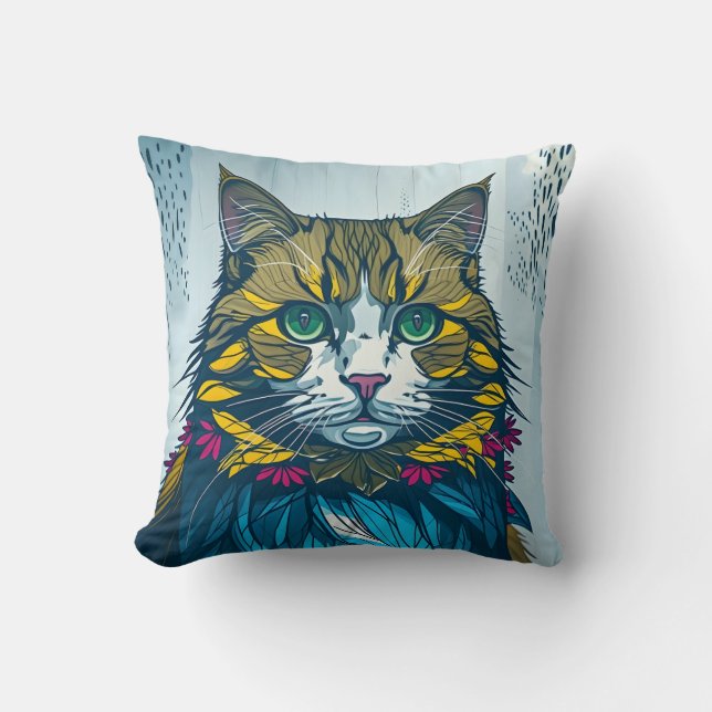 Cat That Ate The Canary | Colorful Feather Art Kudde (Framsida)