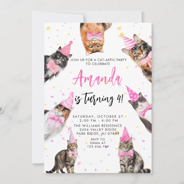 Cat Thated ROSA GIRL Birthday Inbjudningar (Framsida)