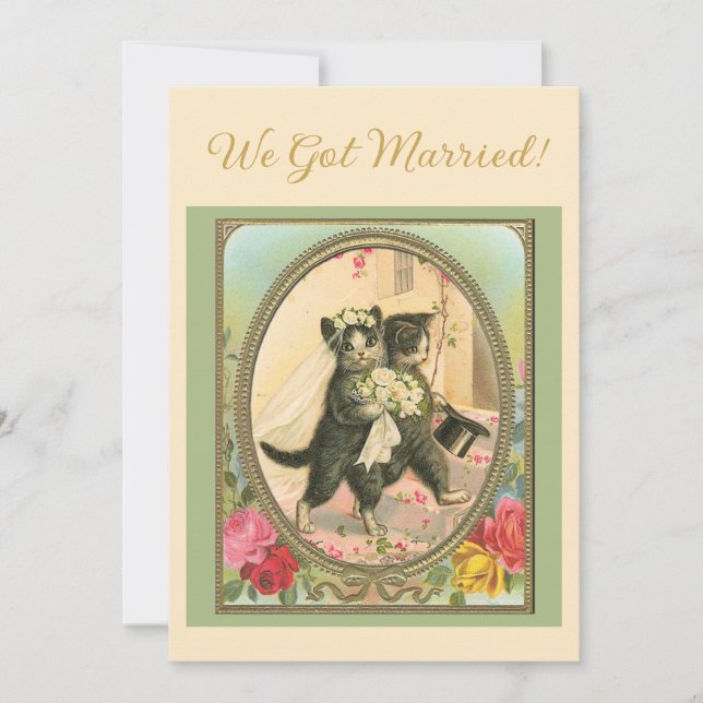 Cat Themed Wedding announcement Ivory and green Inbjudningar (Framsida)