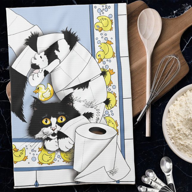 Cat Toilet Papper Blue-Gult Kökshandduk (Skapare uppladdad)