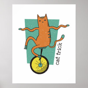 Cat Trick Funny Tabby katt Riding a Unicle Poster