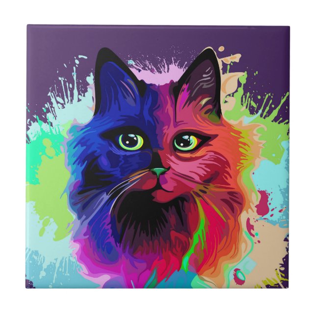 Cat Trippy Psychedelic Pop Art Kakelplatta (Framsidan)