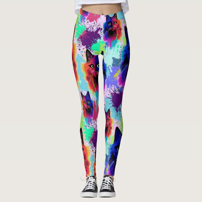 Cat Trippy Psychedelic Pop Art Leggings (Framsida)