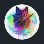 Cat Trippy Psychedelic Pop Art Rund Klocka<br><div class="desc">Psychedelic Trippy Pop Art Cat Porträtt på färgfulla färgplattor. Original Vector IllustrationCopyright BluedarkArt TheChameleonArt.</div>