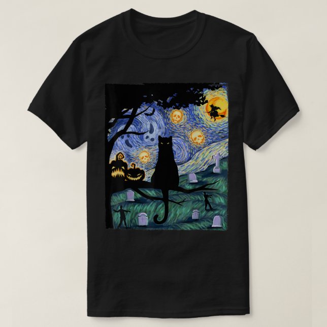 Cat Tshirt, Scary Natt Cat Tee, Van Gogh Gift, Ha T Shirt (Design framsida)
