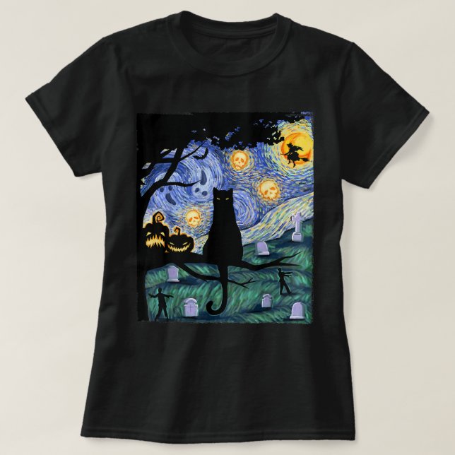 Cat Tshirt, Scary Natt Cat Tee, Van Gogh Gift, Ha T Shirt (Design framsida)