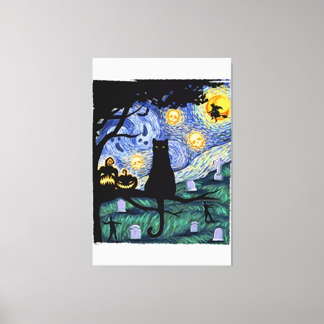 Cat Tshirt, Scary Night Cat Tee, Van Gogh Gifts Ha Canvastryck (Framsida)