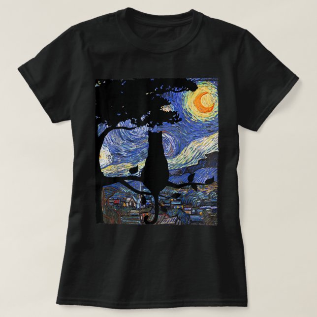 Cat Tshirt, Starry Night Cat Tee, Van Gogh Cat Gif T Shirt (Design framsida)