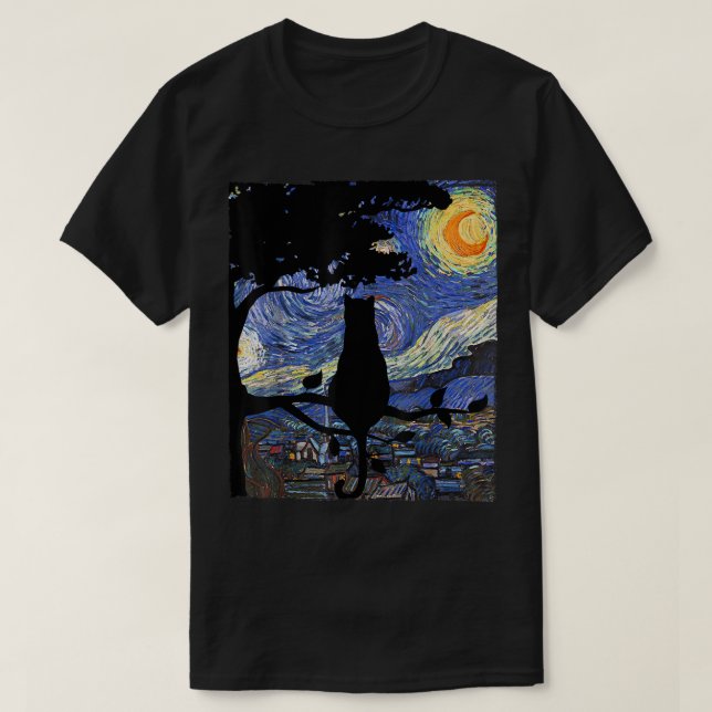 Cat Tshirt, Starry Night Cat Tee, Van Gogh Cat Gif T Shirt (Design framsida)