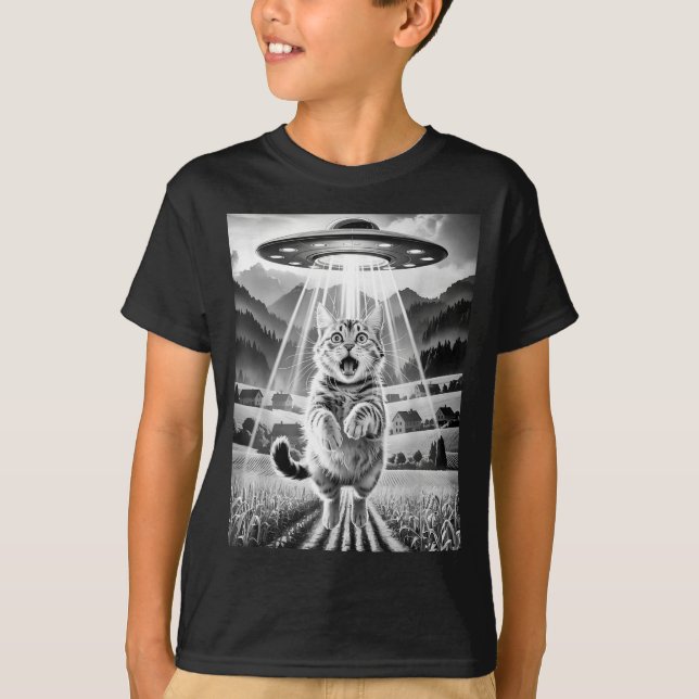 Cat Ufo Alien Abduction Funny Graphic Tees Men Wom T Shirt (Framsida)