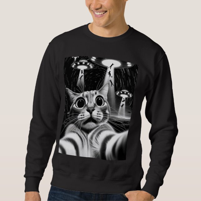 Cat UFO Invasion Funny Cat Meme Retro Alien Cat UF Lång Ärmad Tröja (Framsida)