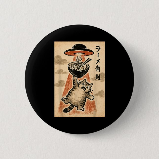Cat Ufo Ramen Funny Japanese Anime Men Women Teen  Knapp (Framsida)