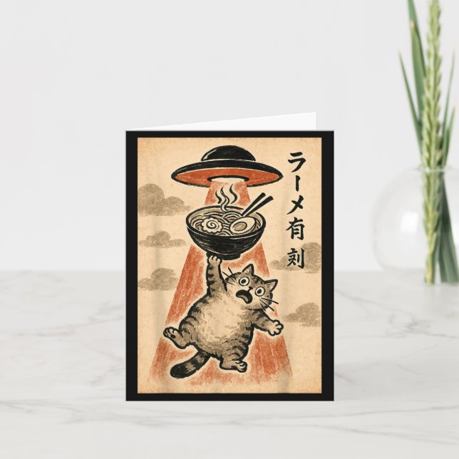 Cat Ufo Ramen Funny Japanese Anime Men Women Teen  Kort (Framsida)