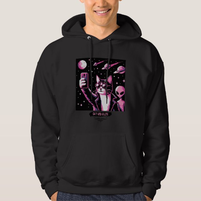 Cat UFO Selfie: Pixel Art #12 (Rosa Cat) Hoodie (Framsida)