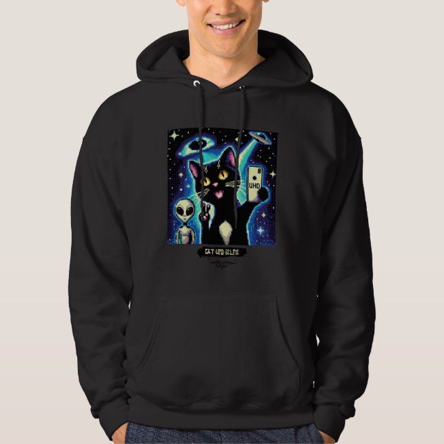 Cat UFO Selfie: Pixel Art #15 Hoodie (Framsida)