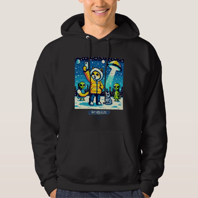 Cat UFO Selfie: Pixel Art #19 Hoodie (Framsida)