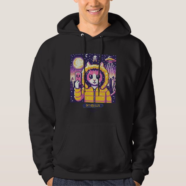 Cat UFO Selfie: Pixel Art #22 Hoodie (Framsida)