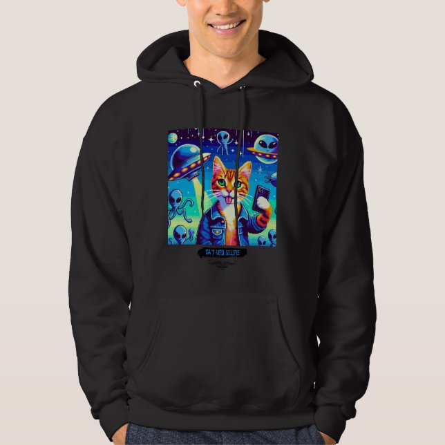 Cat UFO Selfie: Pixel Art #29 Hoodie (Framsida)