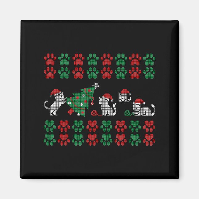 Cat Ugly Sweater Pattern Christmas Knitting  Magnet (Framsidan)