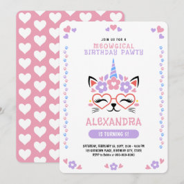 Cat Unicorn Hearts Rosa Lila Blue Födelsedagsfest Inbjudningar