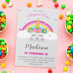Cat Unicorn Magic Day Girl's Födelsedagsfest Inbjudningar