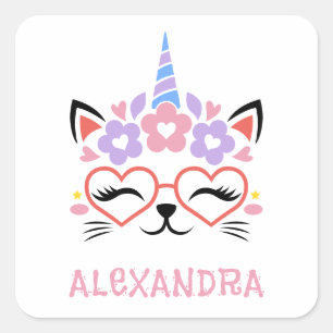 Cat Unicorn Namn Template Rosa Lila Blue Cute Fyrkantigt Klistermärke
