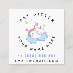 Cat Unicorn on Clouds Pet Sitter Animal Care Fyrkantigt Visitkort