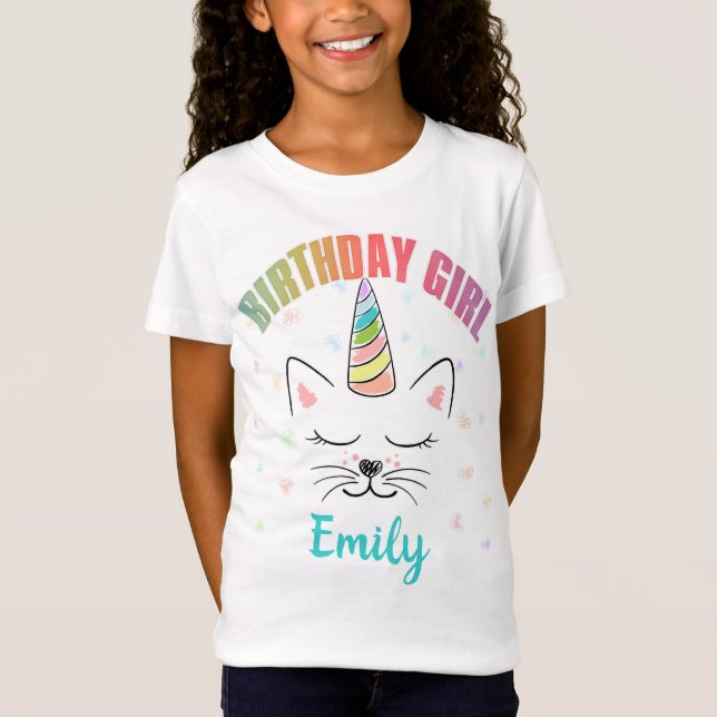 Cat Unicorn Rainbow Birthday Girl Anpassningsbar T Shirt (Framsida)