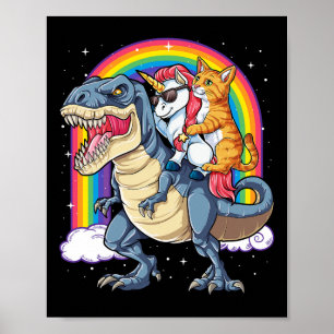 Cat Unicorn Riding Dinosaur T Rex Kitten Älskare S Poster
