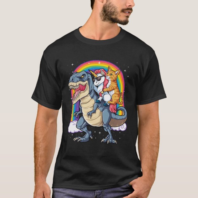 Cat Unicorn Riding Dinosaur T Rex Kitten Älskare S Shirt (Framsida)