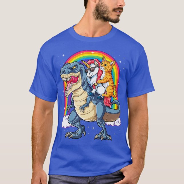 Cat Unicorn Riding Dinosaur T rex Kitten Älskare Shirt (Framsida)