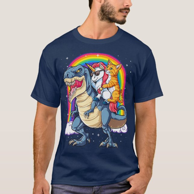 Cat Unicorn Riding Dinosaur T rex Kitten Älskare T Shirt (Framsida)