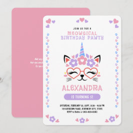 Cat Unicorn Rosa Lila Blue Födelsedagsfest Inbjudningar